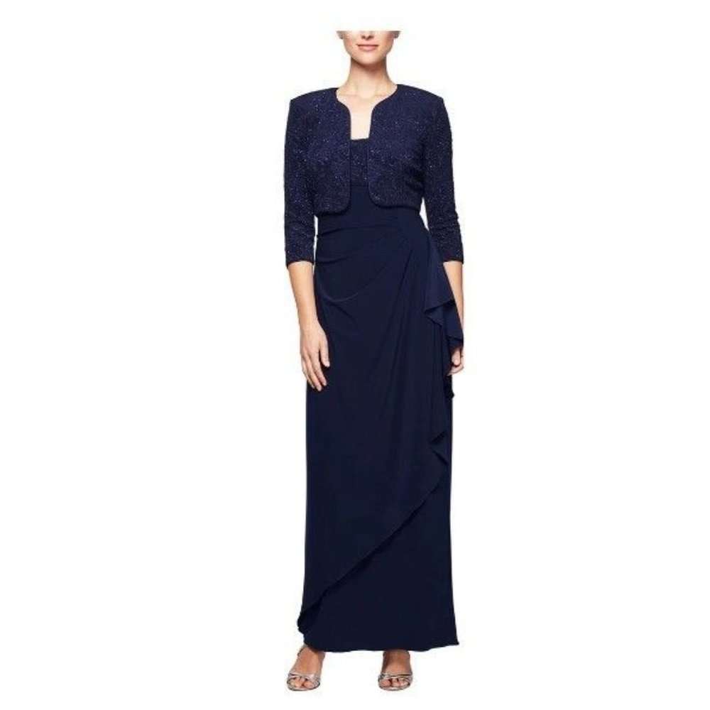 Alex Evening NWT Ruched Glitter Jacquard Knit Matte Jersey Gown Bolero Jacket